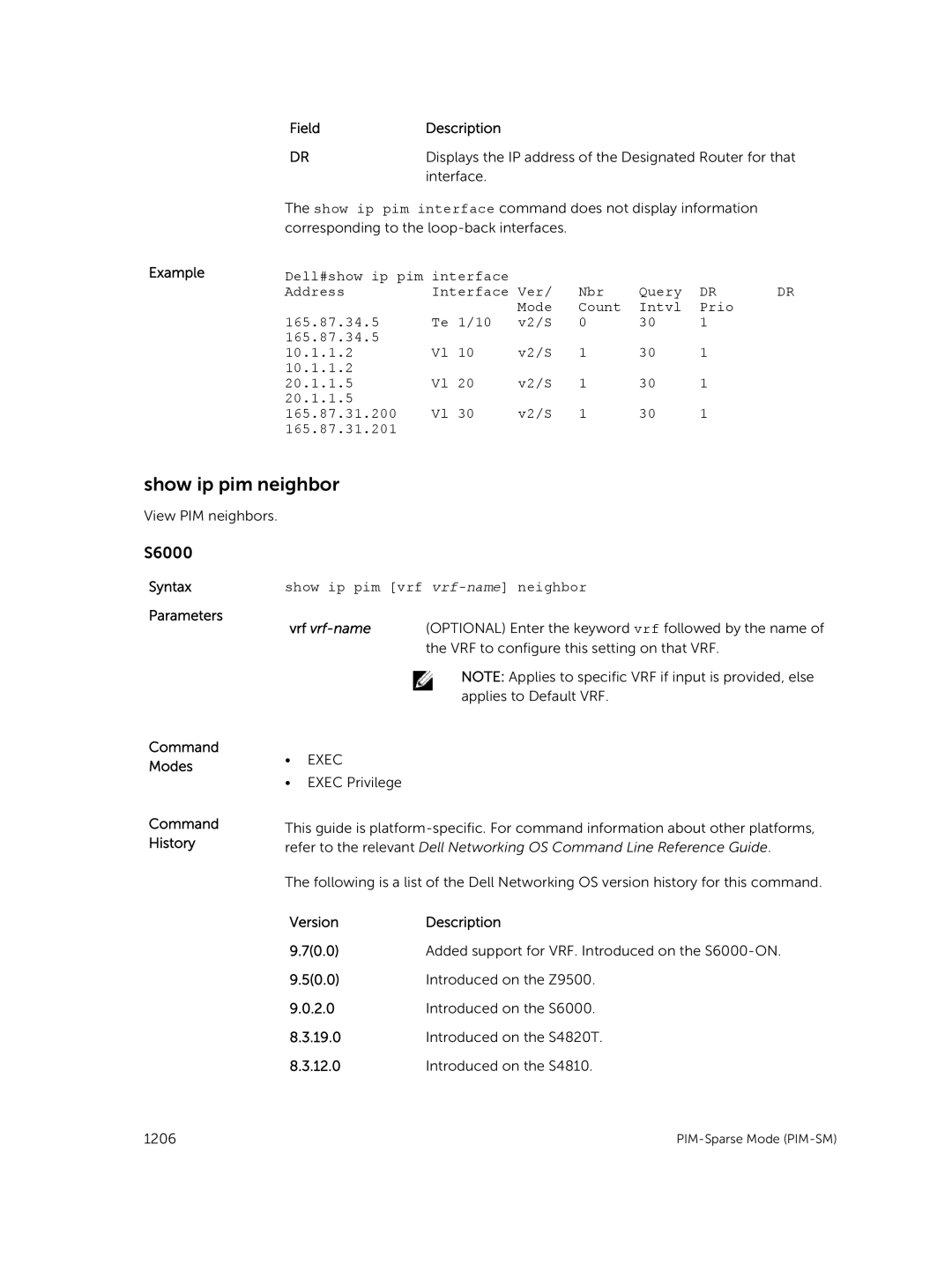 Dell 9.7(0.0) manual Show ip pim neighbor, Show ip pim vrf vrf-name neighbor 