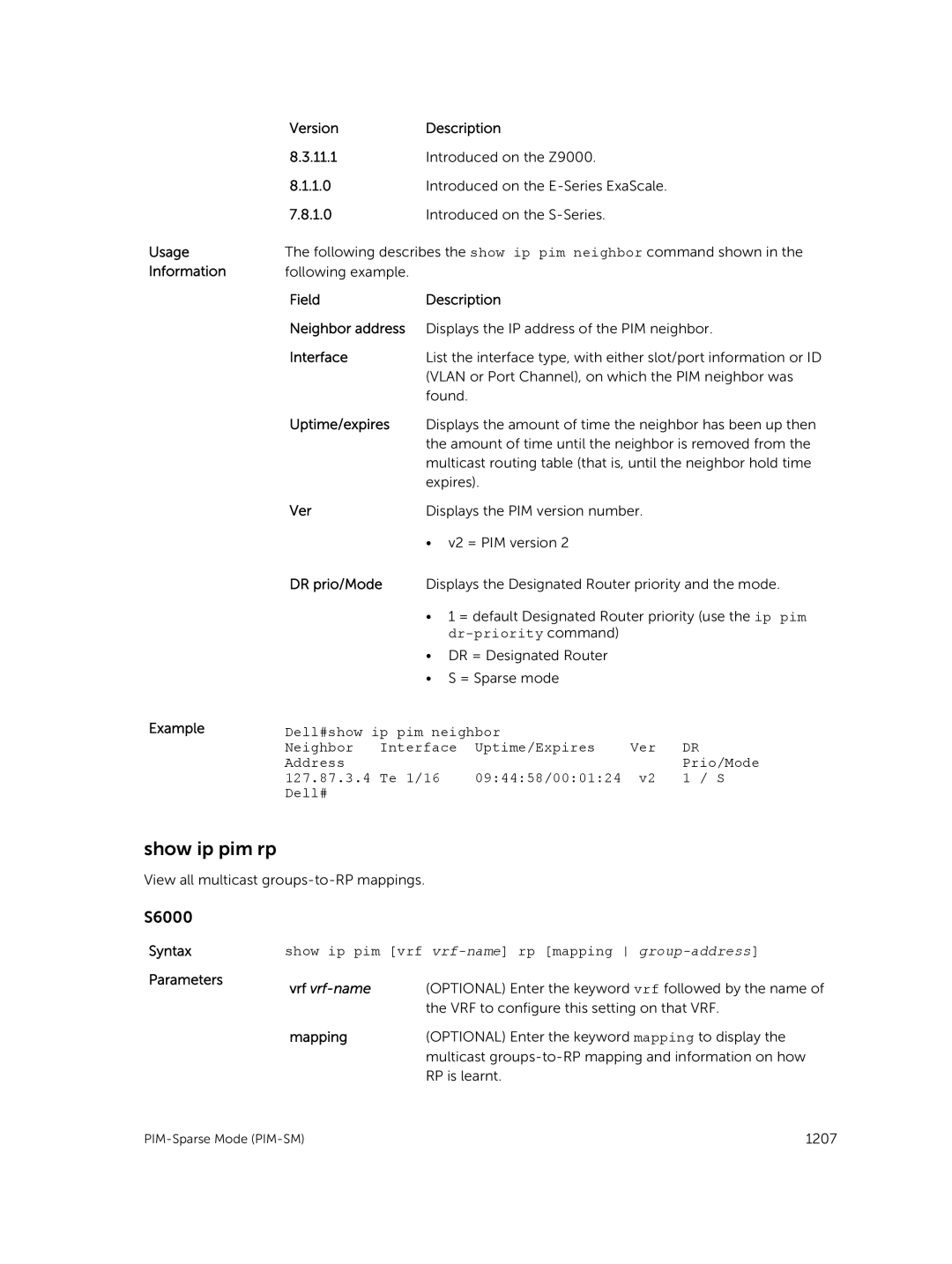 Dell 9.7(0.0) manual Show ip pim rp, Field Description Neighbor address, Uptime/expires, Ver, Mapping 