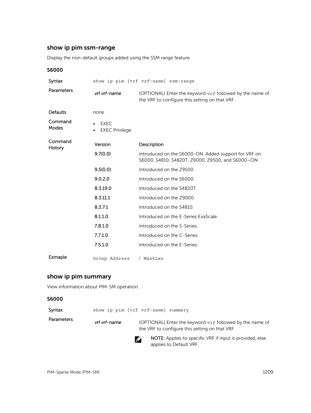 Dell 9.7(0.0) manual Show ip pim ssm-range, Show ip pim summary, Exmaple, Group Address / MaskLen 