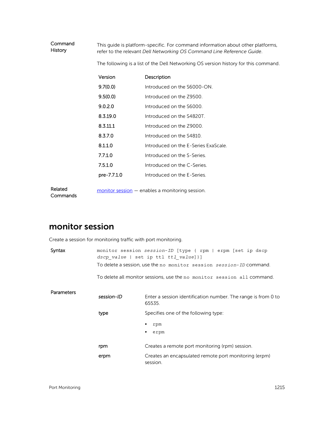 Dell 9.7(0.0) manual Monitor session, Session-ID, Rpm, Erpm 