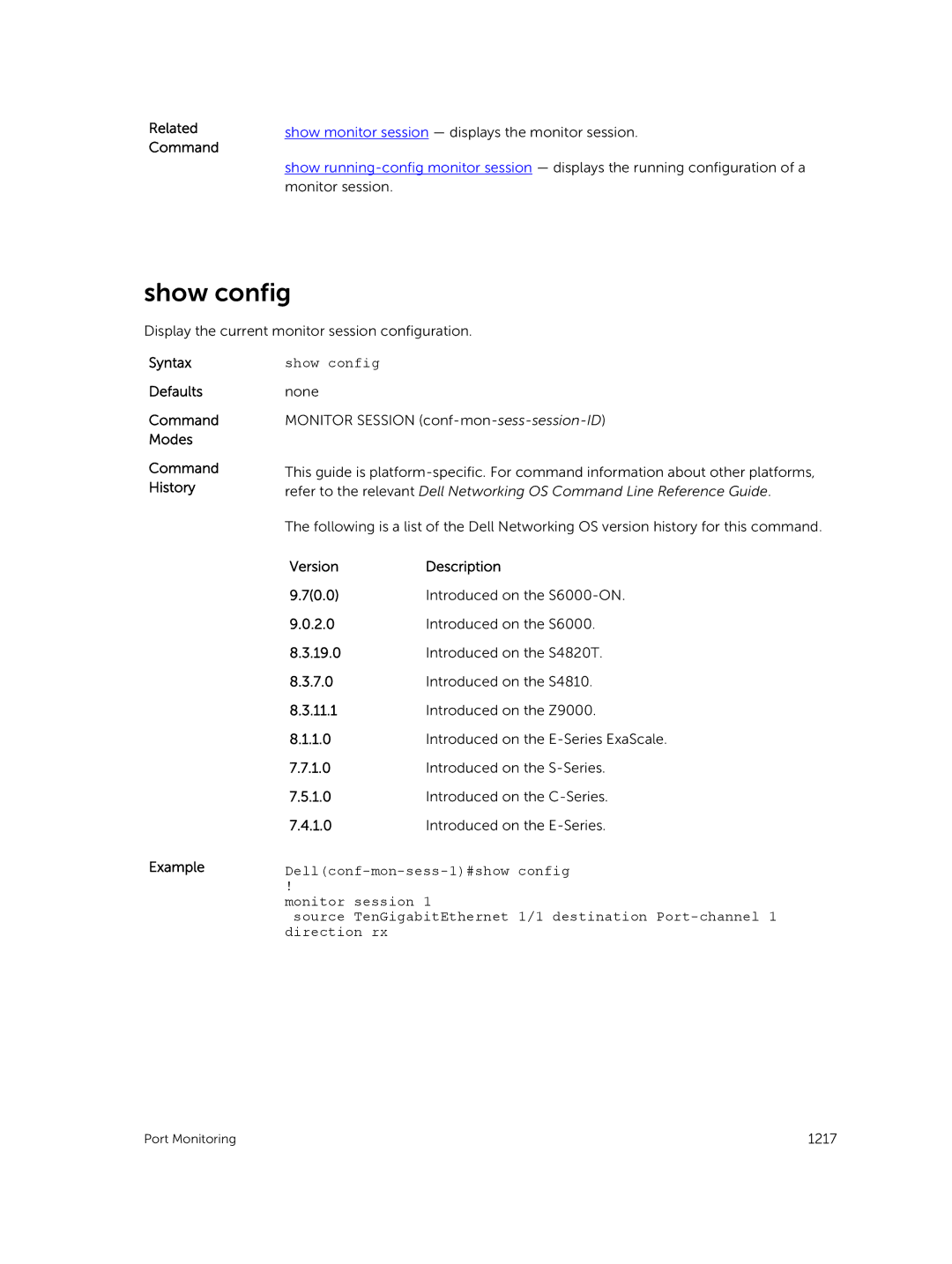 Dell 9.7(0.0) manual Dellconf-mon-sess-1#show config, Session, Monitor 