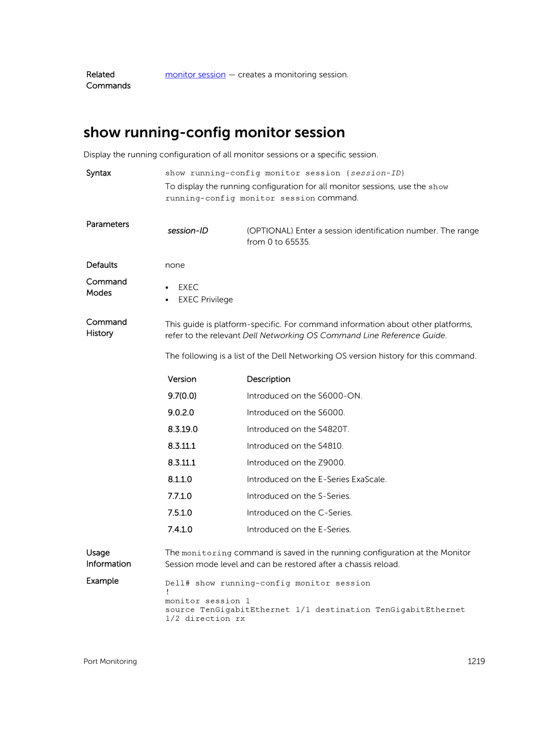 Dell 9.7(0.0) manual Show running-config monitor session, Syntaxshow running-config monitor session session-ID 