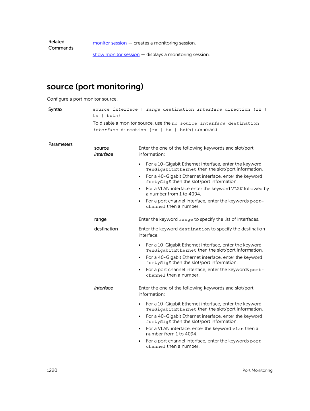 Dell 9.7(0.0) manual Source port monitoring, Interface direction rx tx both command, Parameters Source 