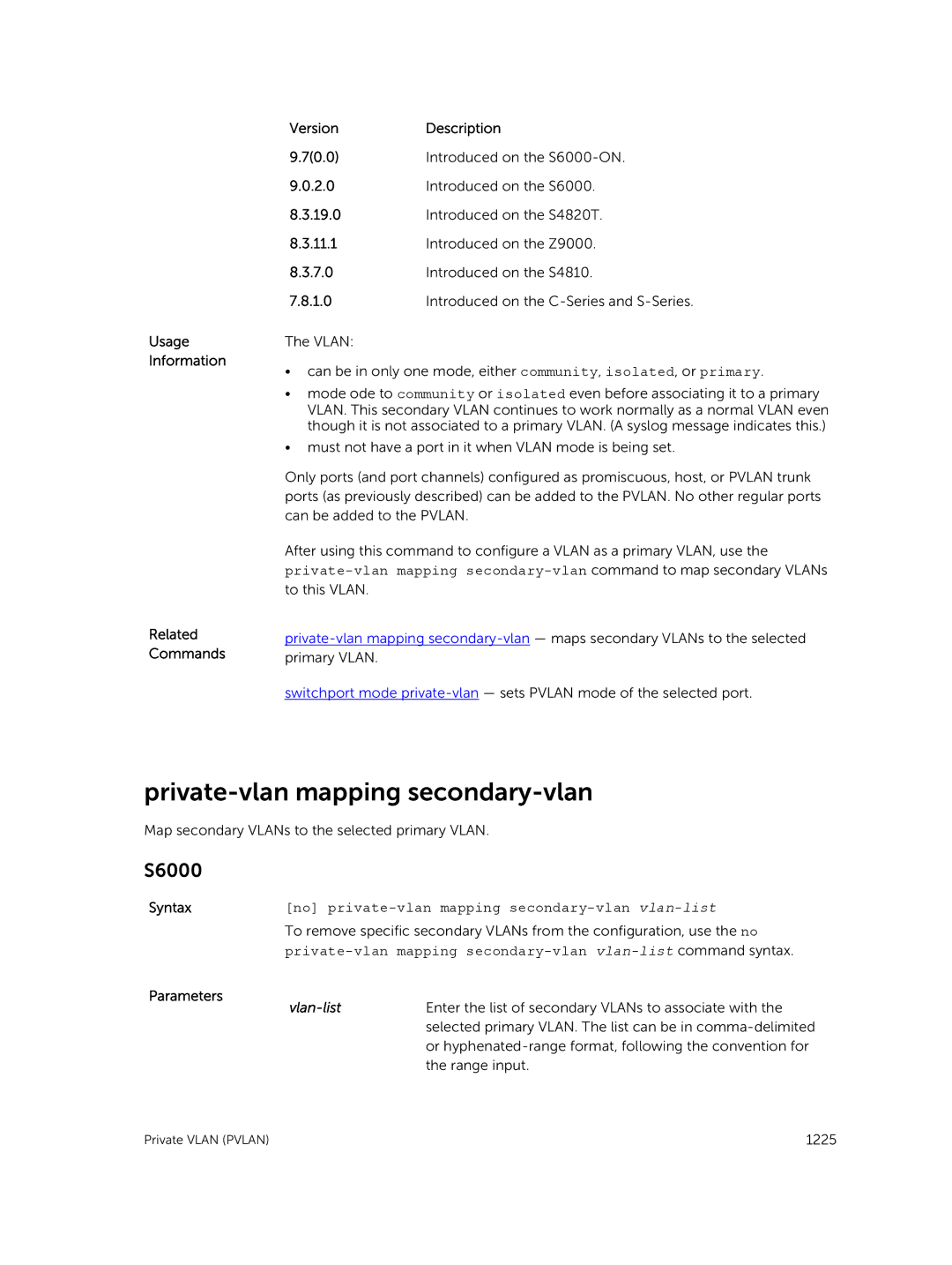 Dell 9.7(0.0) manual Private-vlan mapping secondary-vlan, Syntaxno private-vlan mapping secondary-vlan vlan-list, Vlan-list 