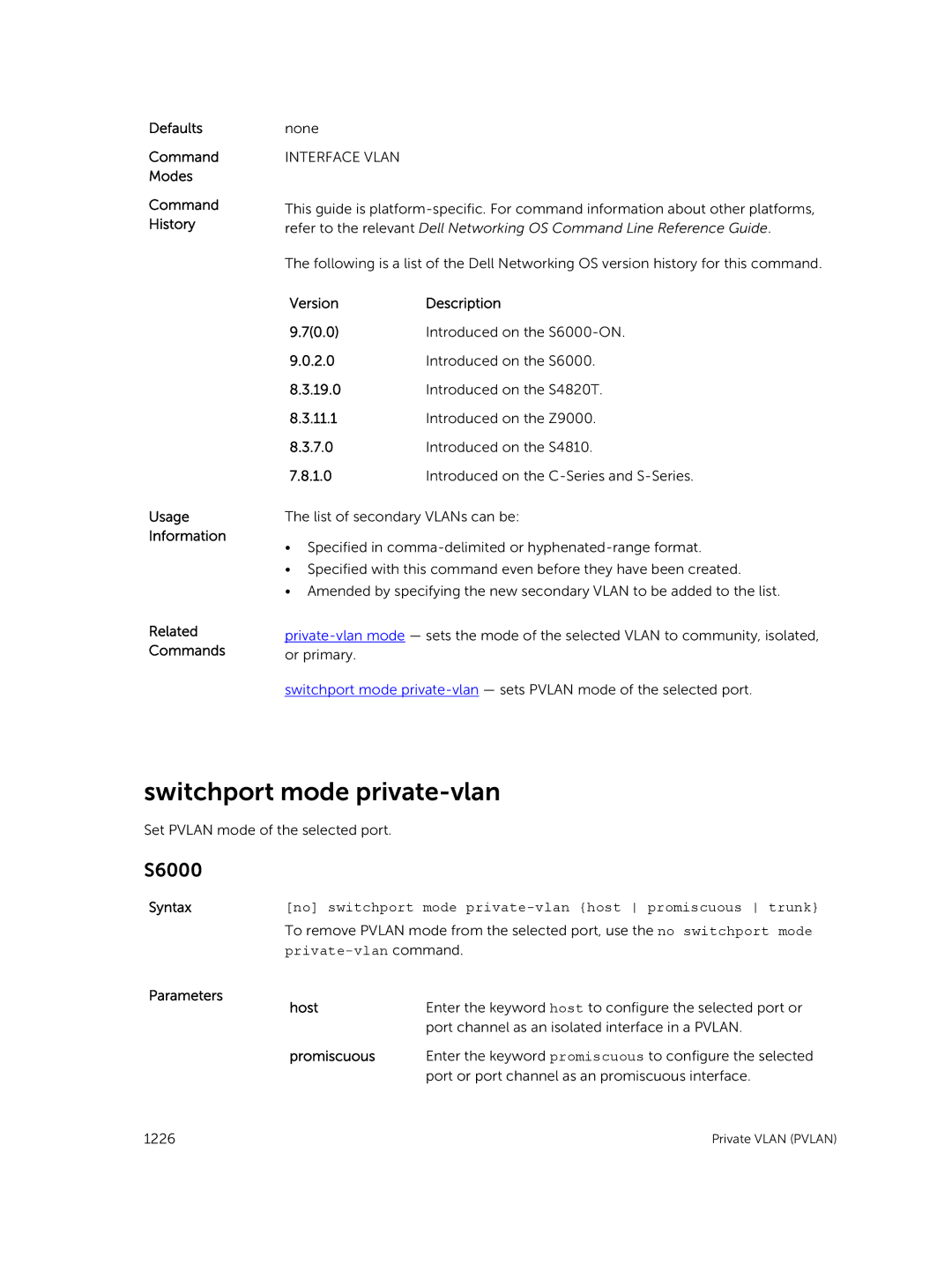 Dell 9.7(0.0) manual Switchport mode private-vlan, Parameters Host, Promiscuous 