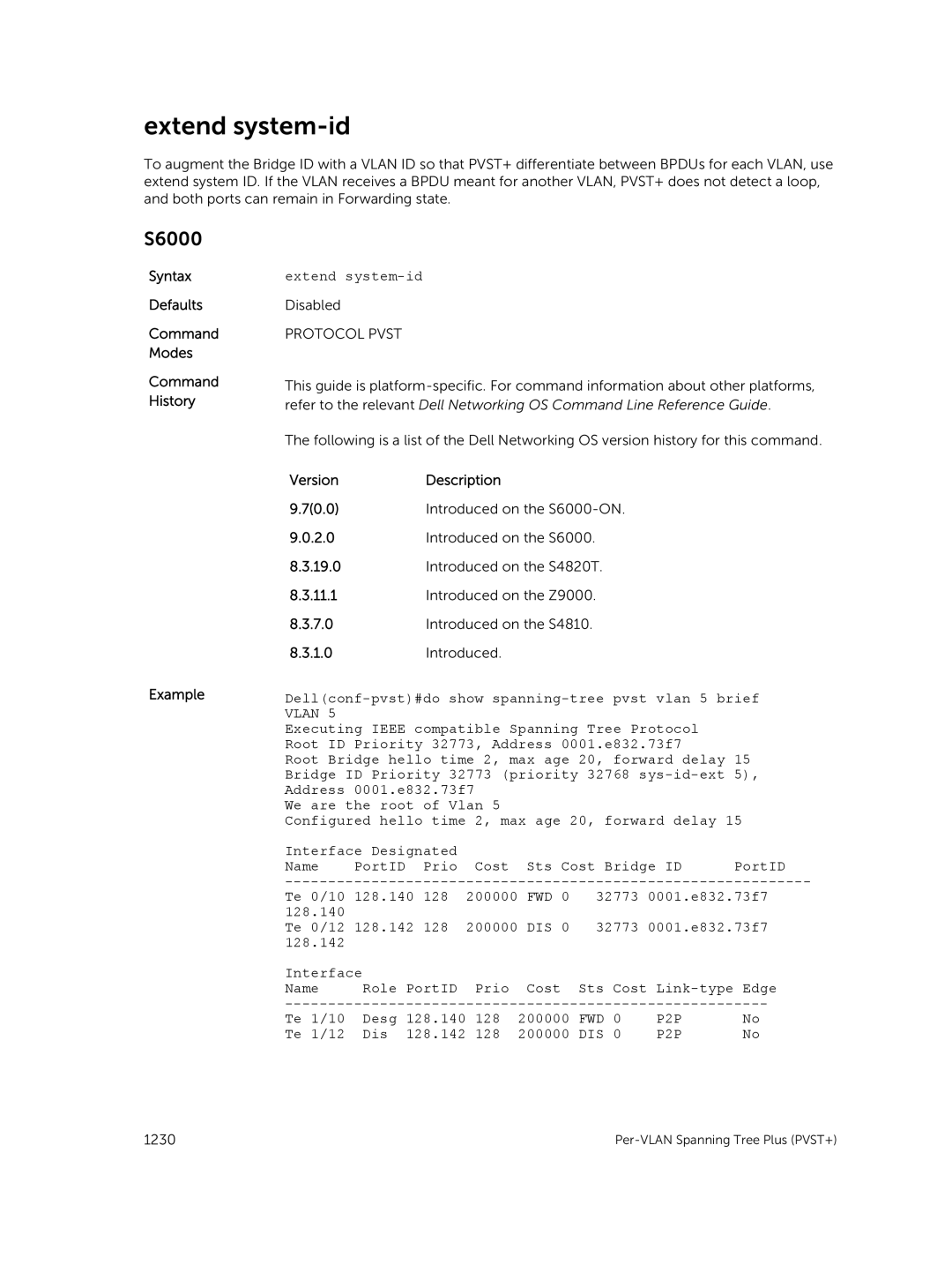 Dell 9.7(0.0) manual Extend system-id, Dellconf-pvst#do show spanning-tree pvst vlan 5 brief, Vlan 