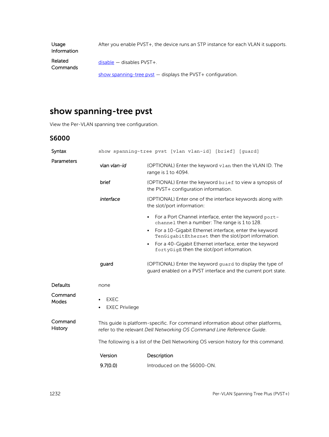 Dell 9.7(0.0) manual Show spanning-tree pvst vlan vlan-id brief guard 