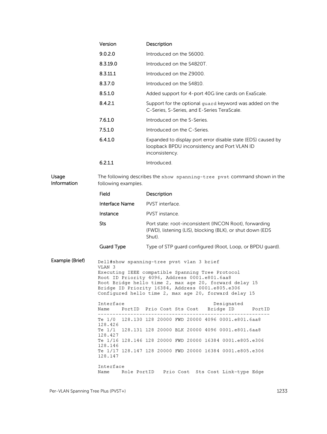 Dell 9.7(0.0) manual Usage Information Example Brief VersionDescription, Field Description Interface Name 