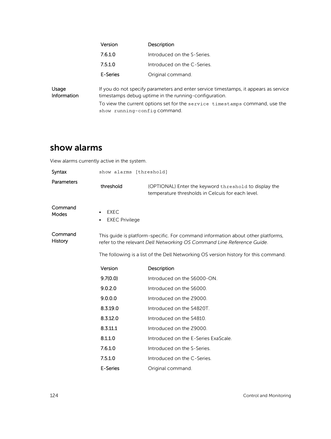 Dell 9.7(0.0) manual Show running-config command, Show alarms threshold, Parameters Threshold 