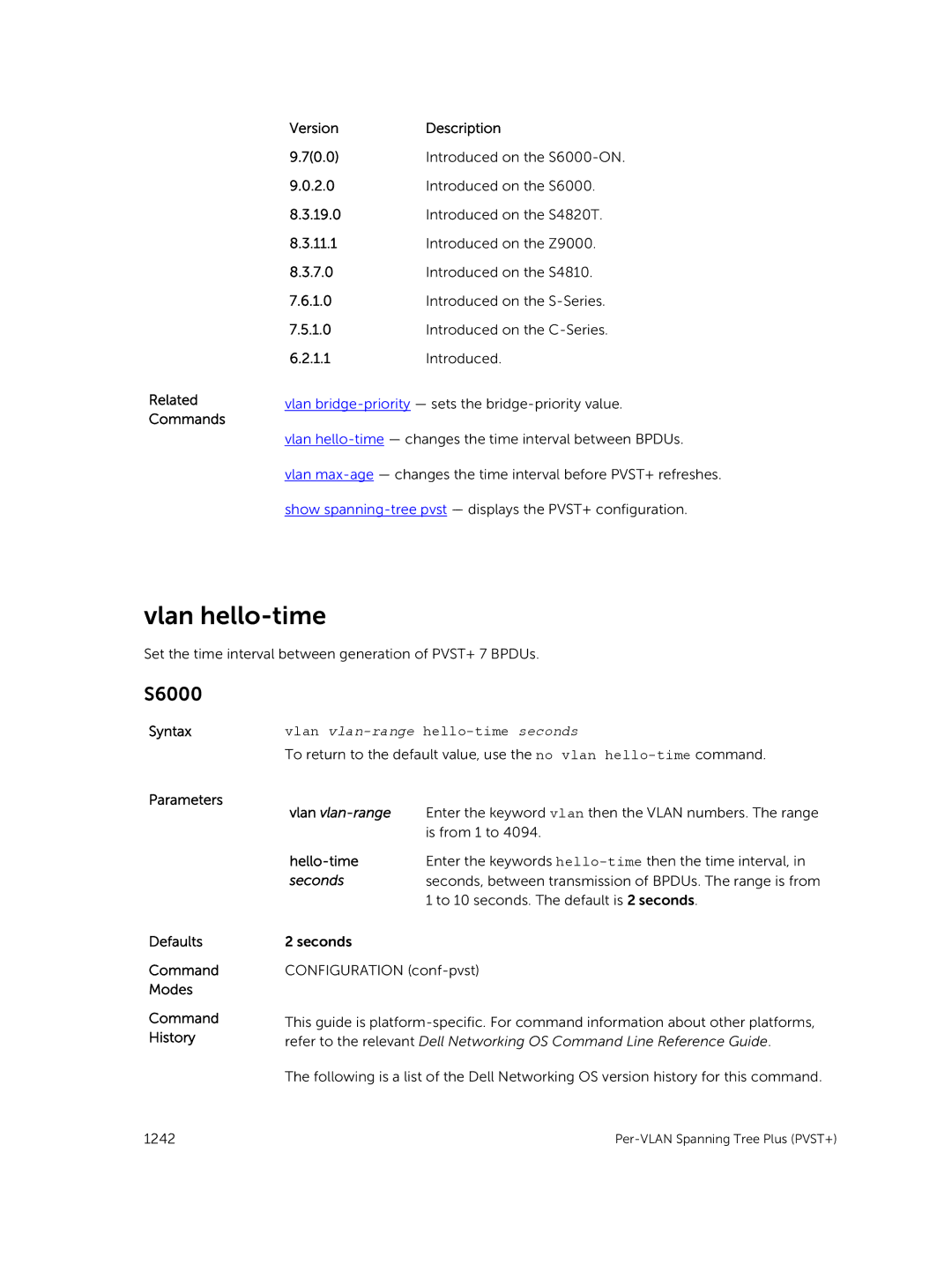 Dell 9.7(0.0) manual Vlan hello-time, Hello-time 