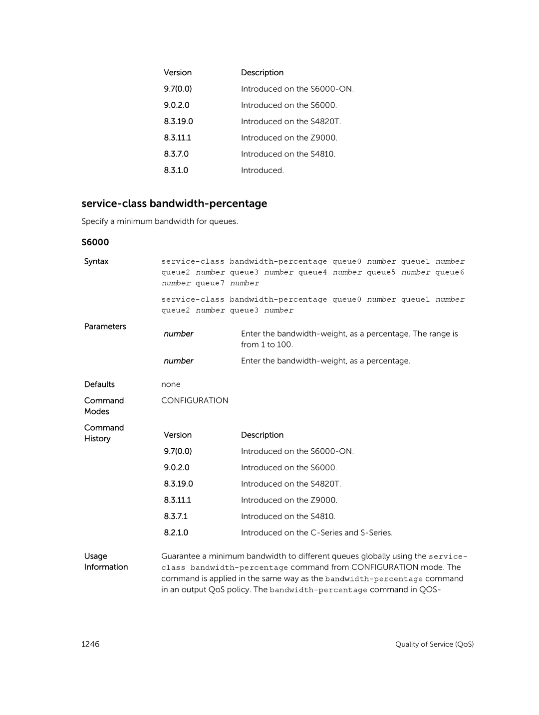 Dell 9.7(0.0) manual Service-class bandwidth-percentage, Number 