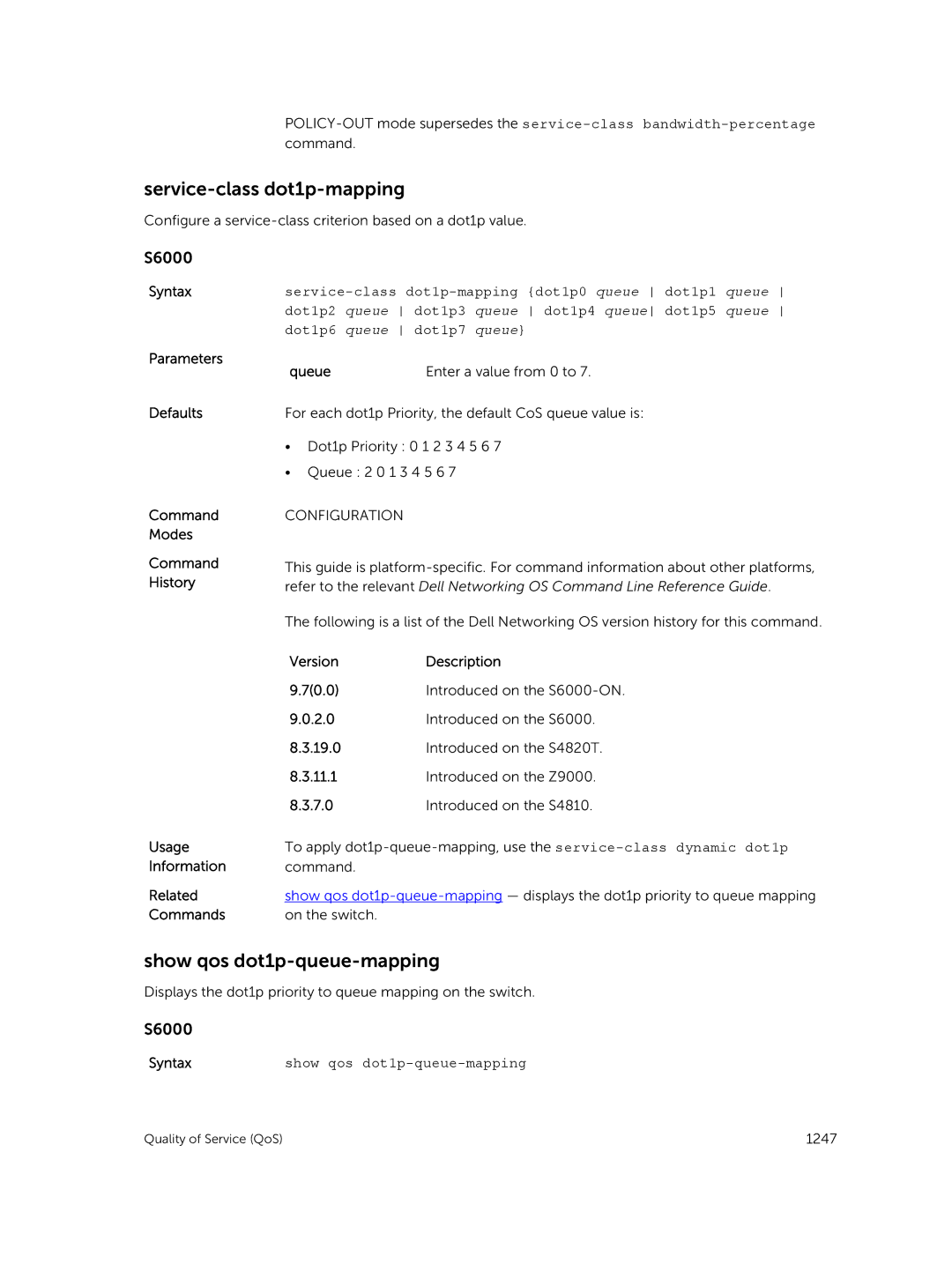 Dell 9.7(0.0) manual Service-class dot1p-mapping, Show qos dot1p-queue-mapping, Parameters Queue 