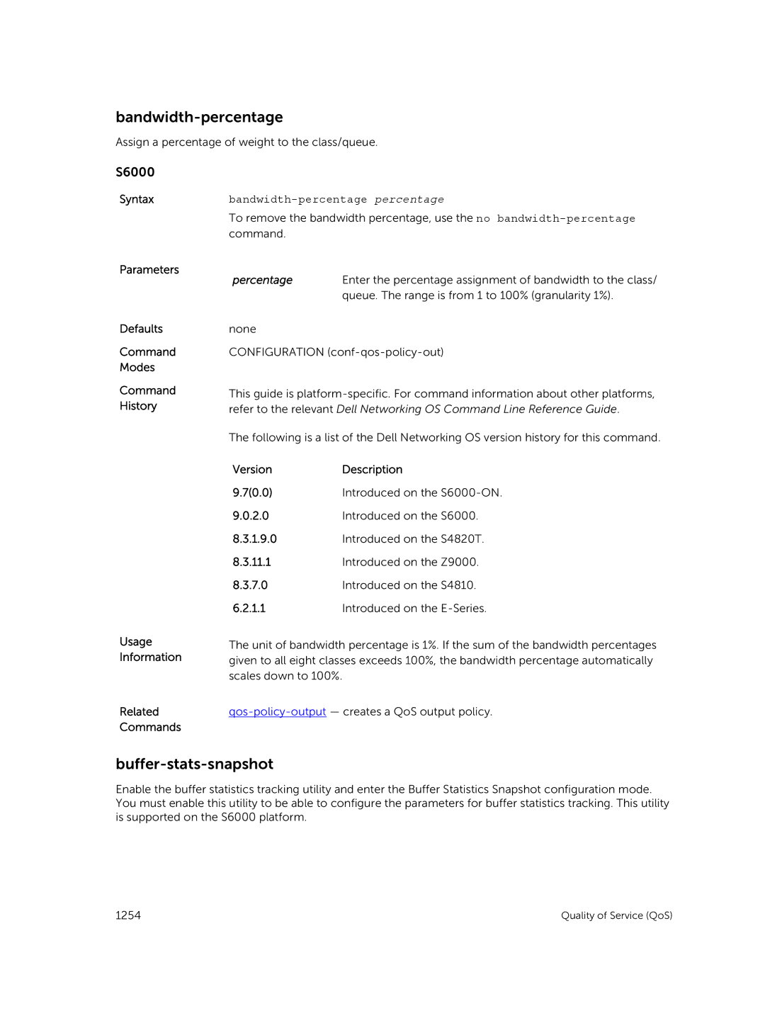 Dell 9.7(0.0) manual Buffer-stats-snapshot, Bandwidth-percentage percentage 