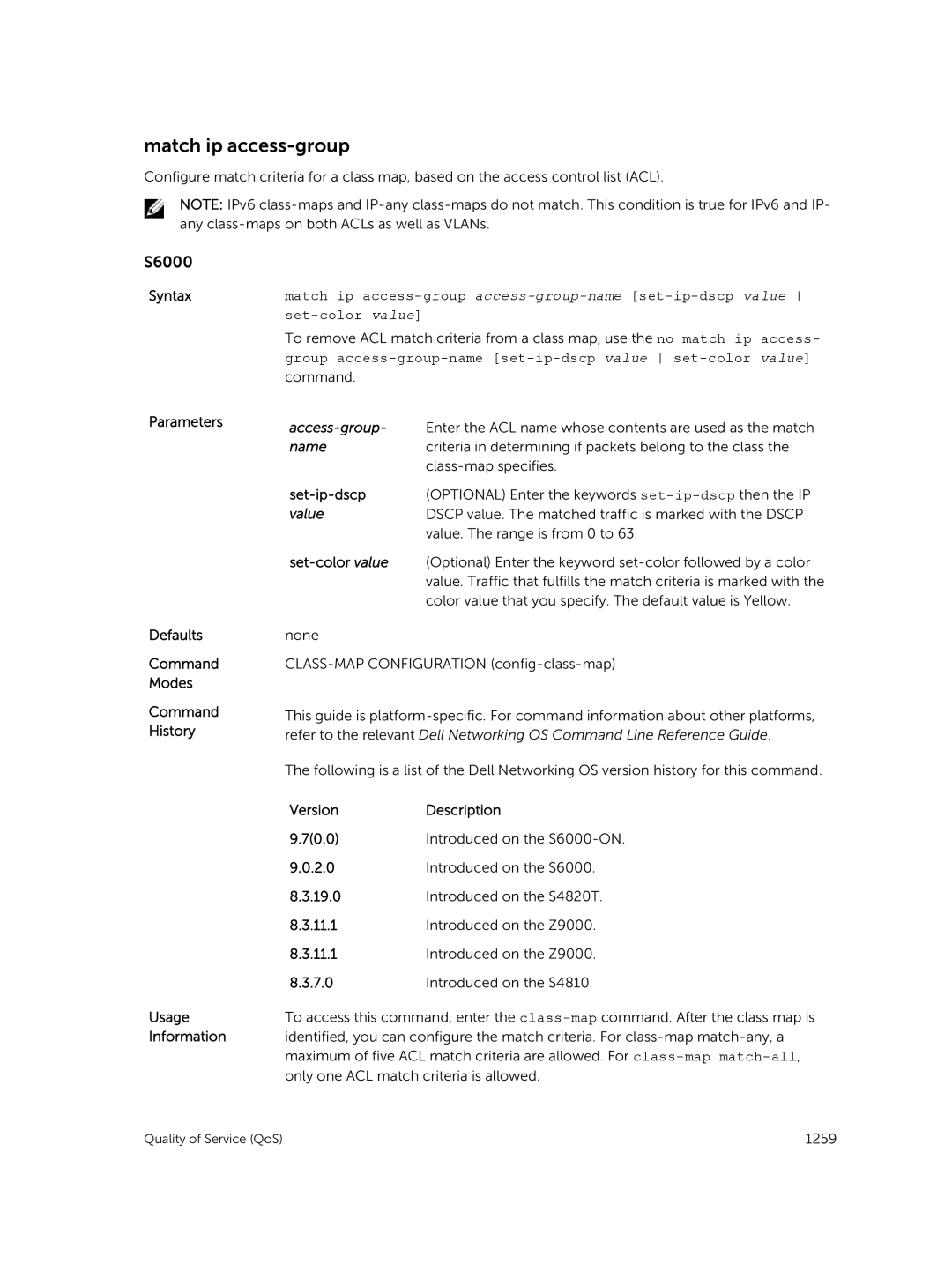 Dell 9.7(0.0) manual Match ip access-group, Access-group, Set-ip-dscp, Set-color value 