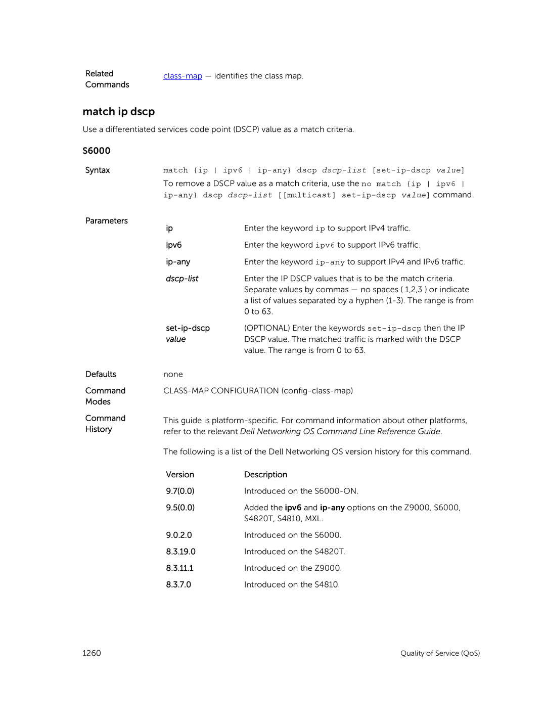 Dell 9.7(0.0) manual Match ip dscp, Syntaxmatch ip ipv6 ip-any dscp dscp-listset-ip-dscp value, Ip-any, Dscp-list 