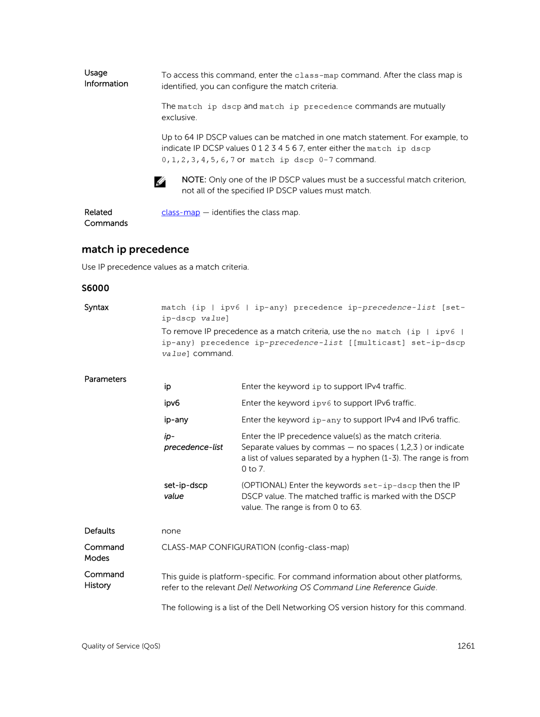 Dell 9.7(0.0) manual Match ip precedence, Match ip dscp and match ip precedence commands are mutually, Precedence-list 