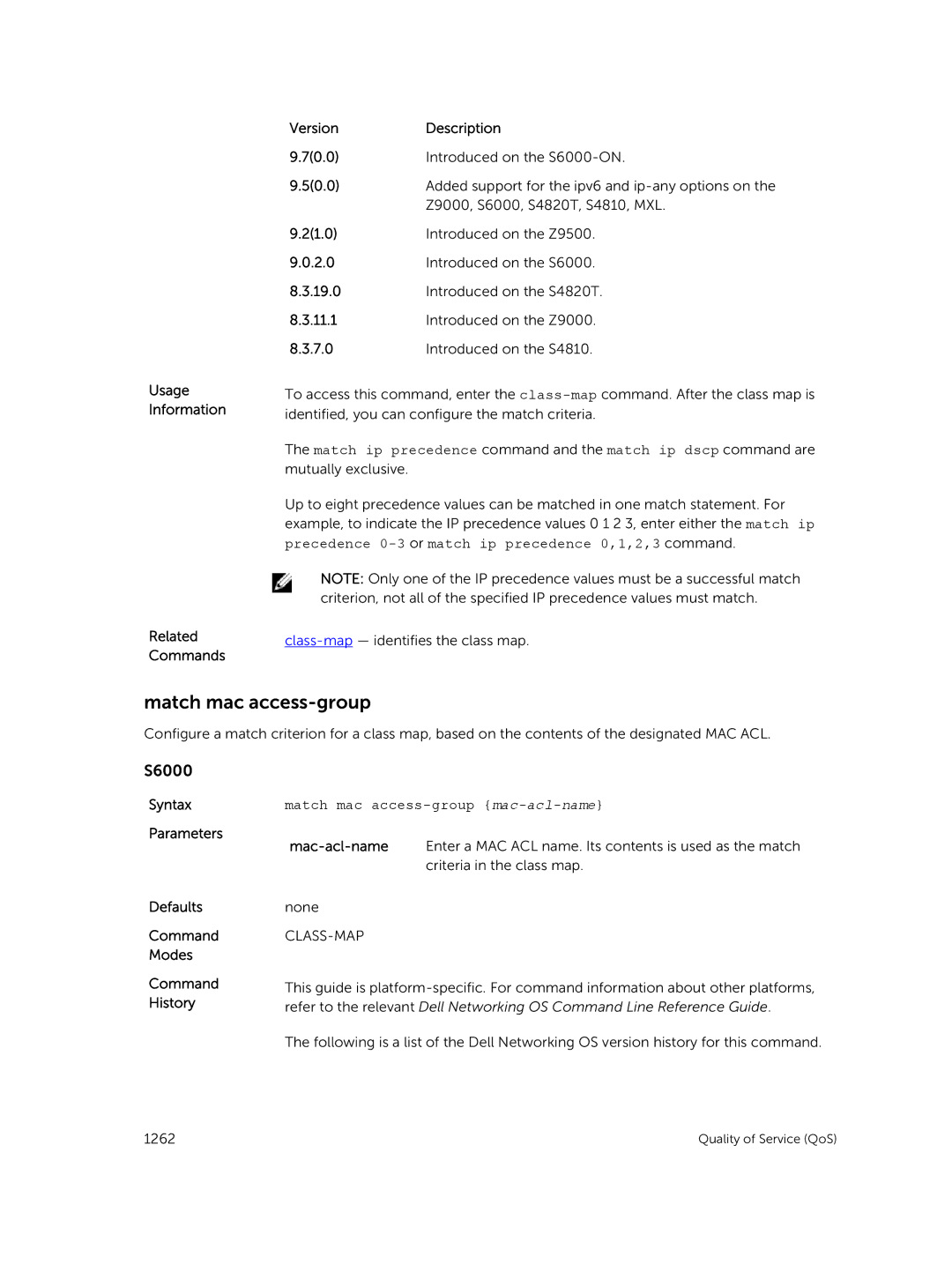 Dell 9.7(0.0) manual Match mac access-group, Usage Information Related Commands Version Description 70.0 