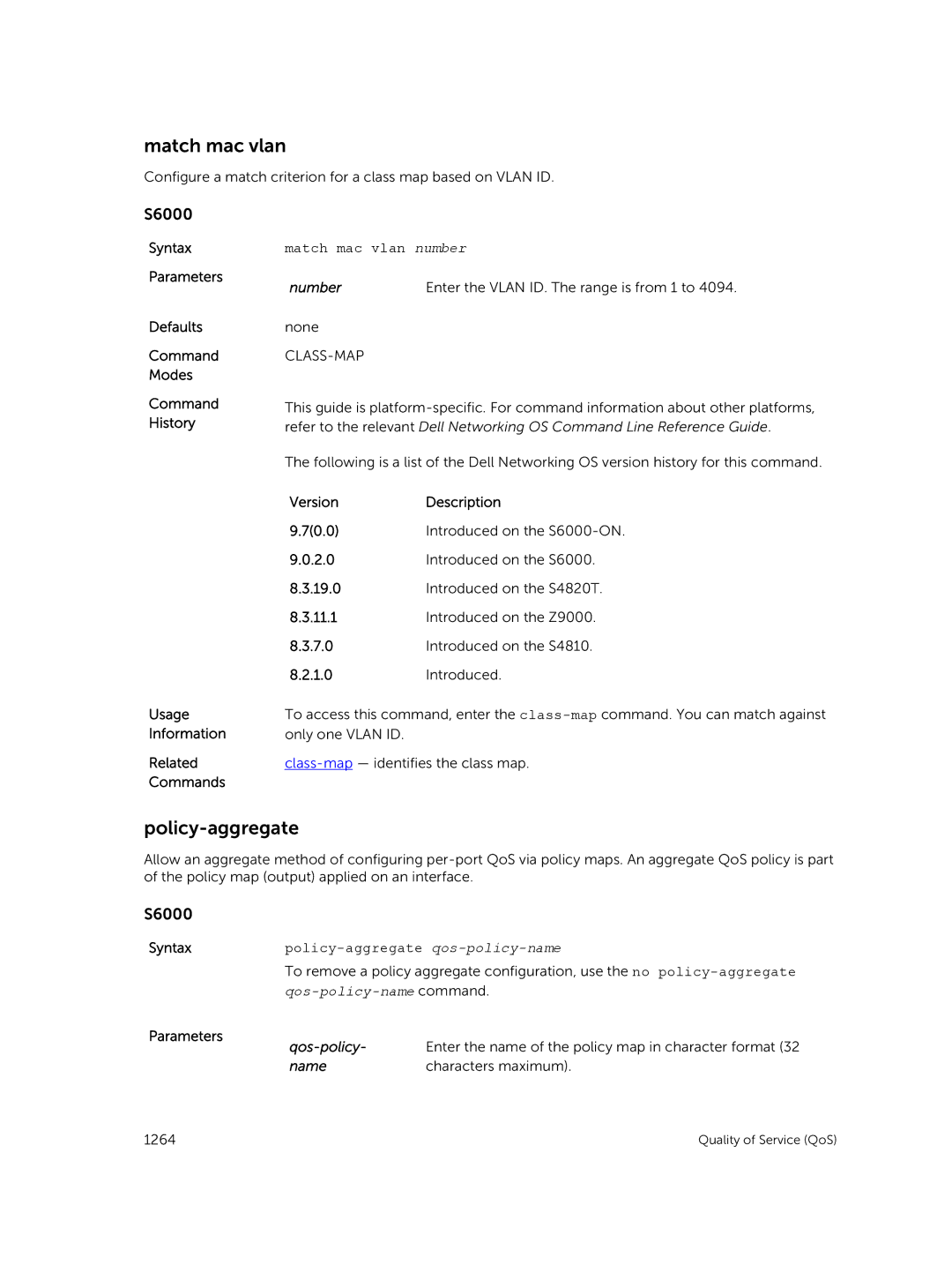 Dell 9.7(0.0) manual Match mac vlan, Policy-aggregate, Number Enter the Vlan ID. The range is from 1 to, Qos-policy 