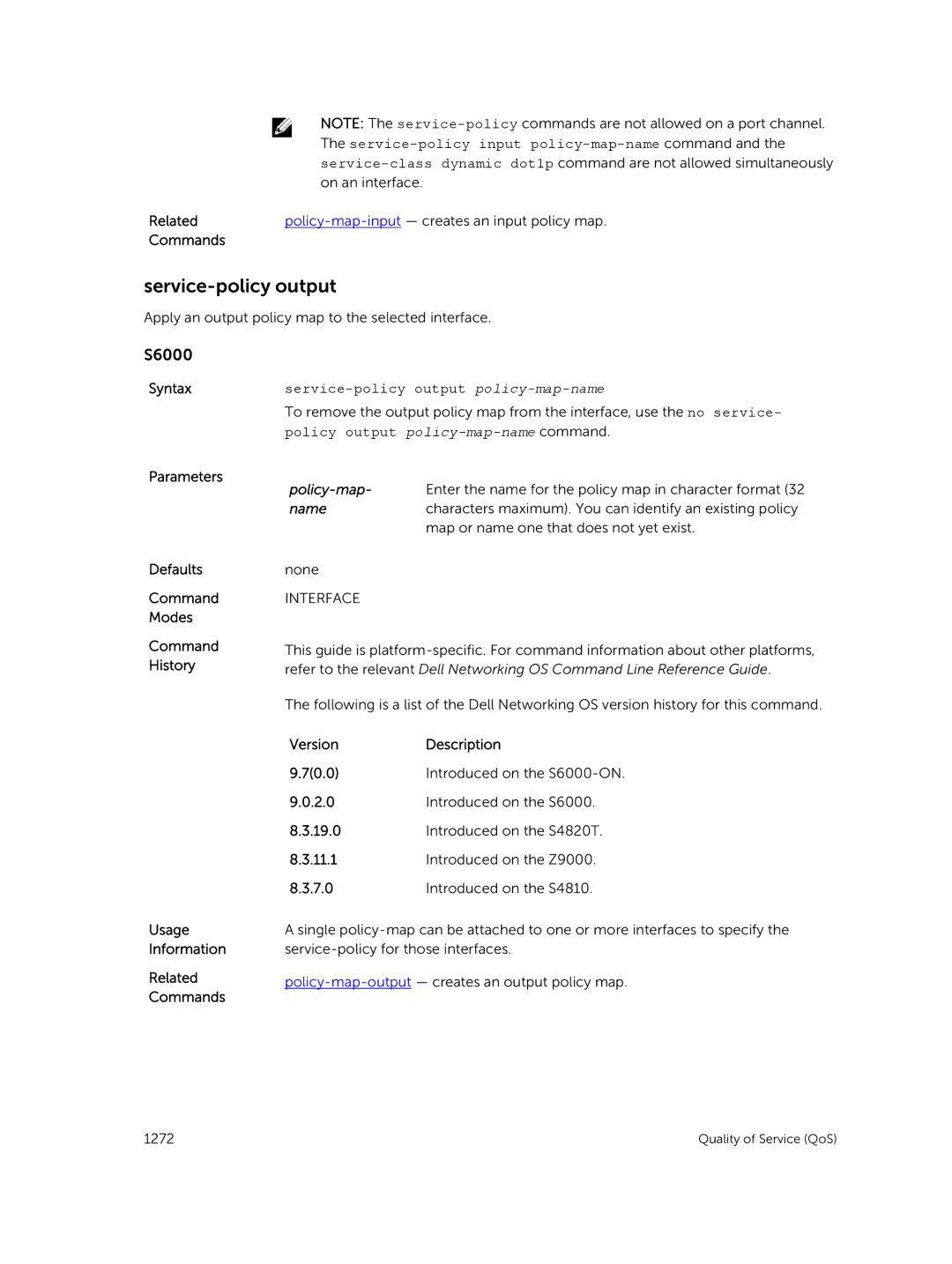 Dell 9.7(0.0) manual Service-policy input policy-map-name command, Service-policy output policy-map-name 