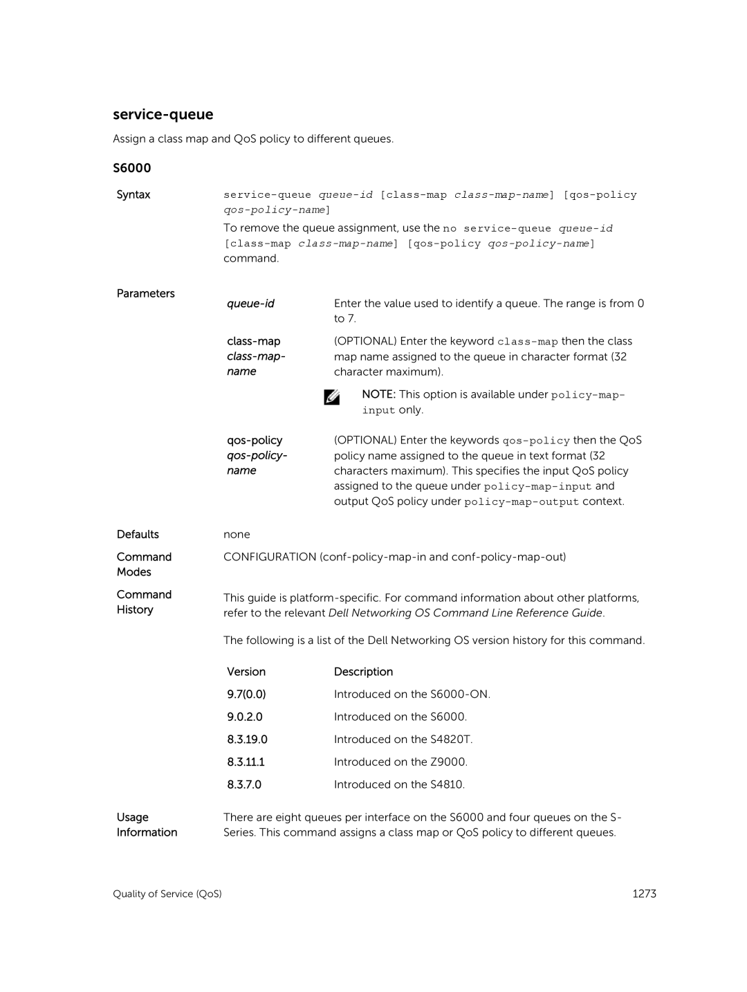 Dell 9.7(0.0) manual Service-queue, Queue-id, Class-map, Input only, Qos-policy 