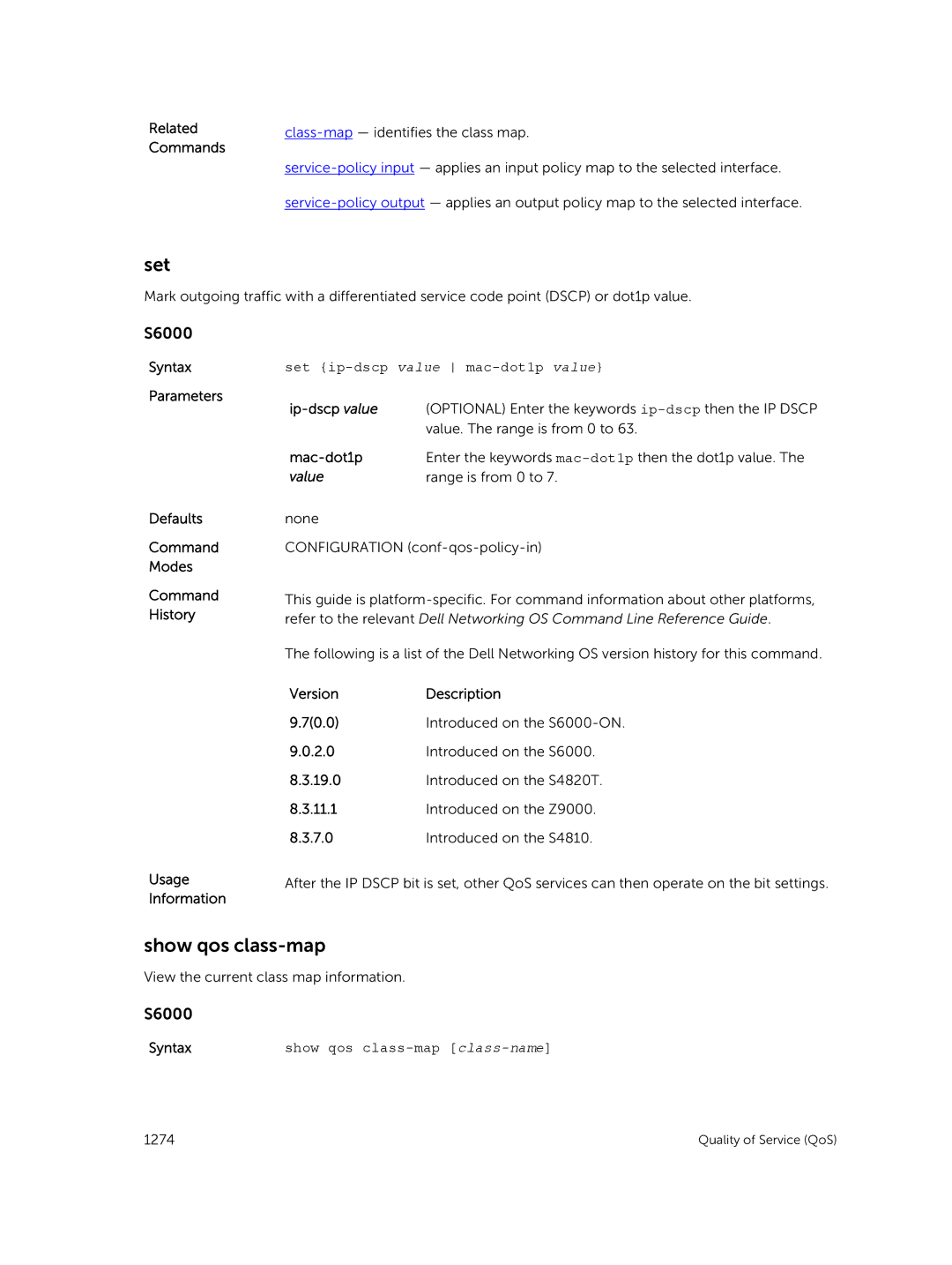 Dell 9.7(0.0) manual Set, Show qos class-map, Parameters Ip-dscp value, Mac-dot1p 