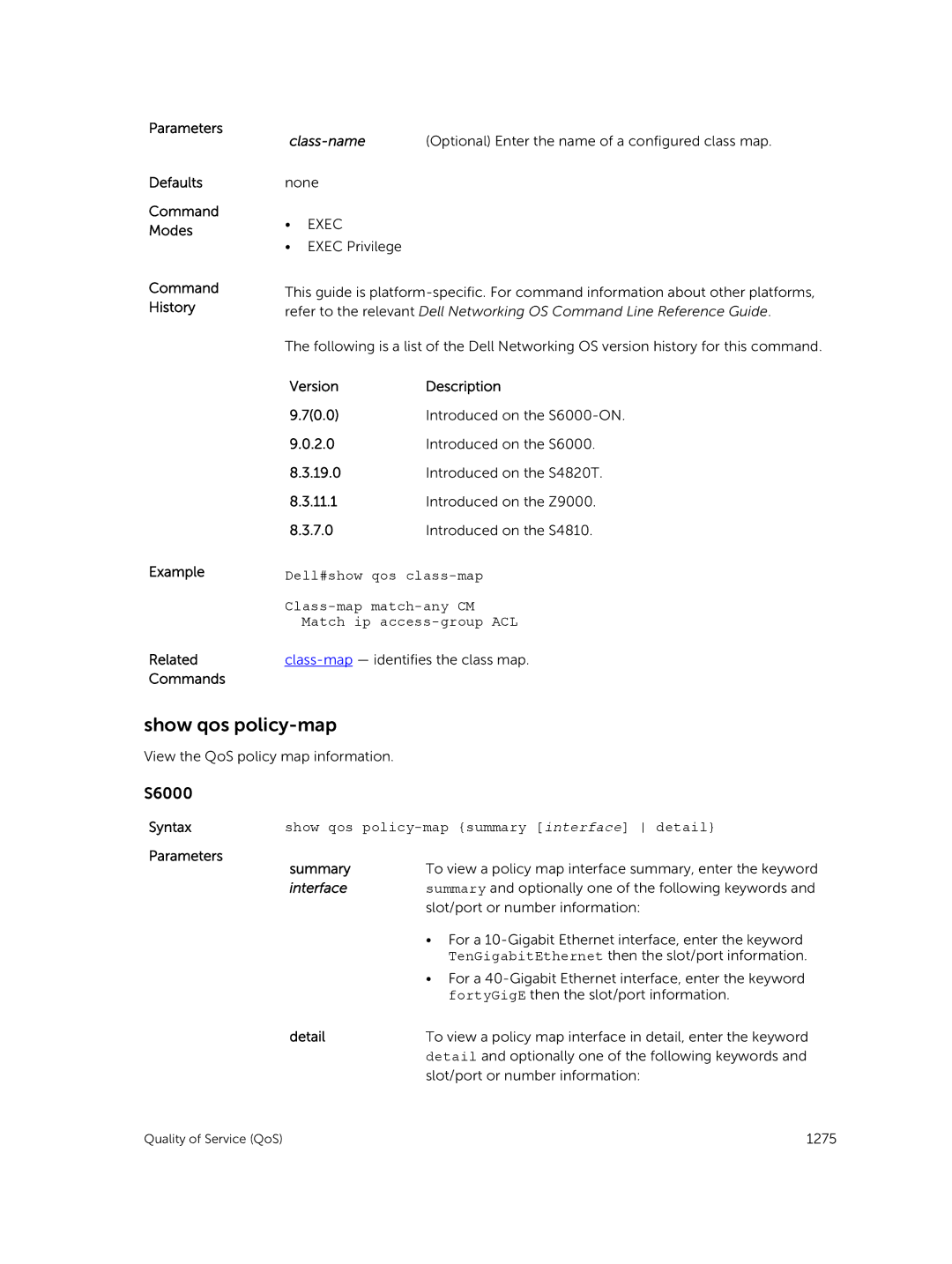 Dell 9.7(0.0) manual Show qos policy-map, Syntaxshow qos policy-map summary interface detail 