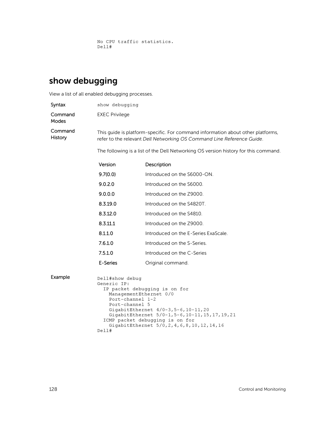 Dell 9.7(0.0) manual Show debugging, No CPU traffic statistics Dell# 