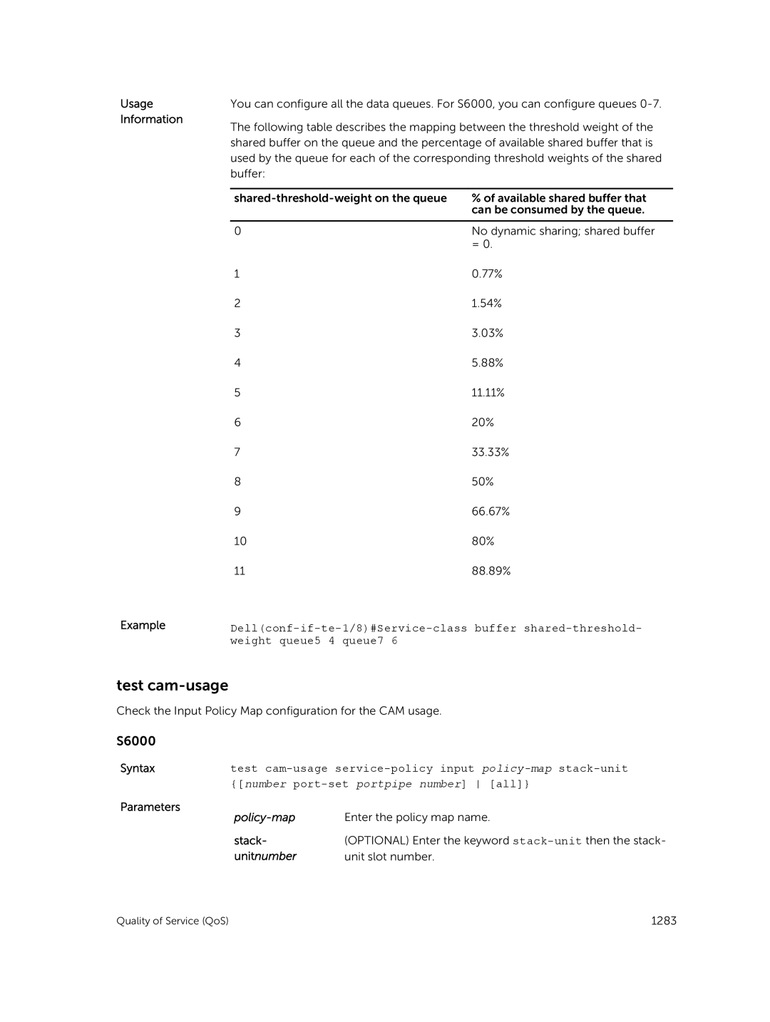 Dell 9.7(0.0) Parameters Enter the policy map name, Stack Optional Enter the keyword stack-unit then the stack, Unitnumber 