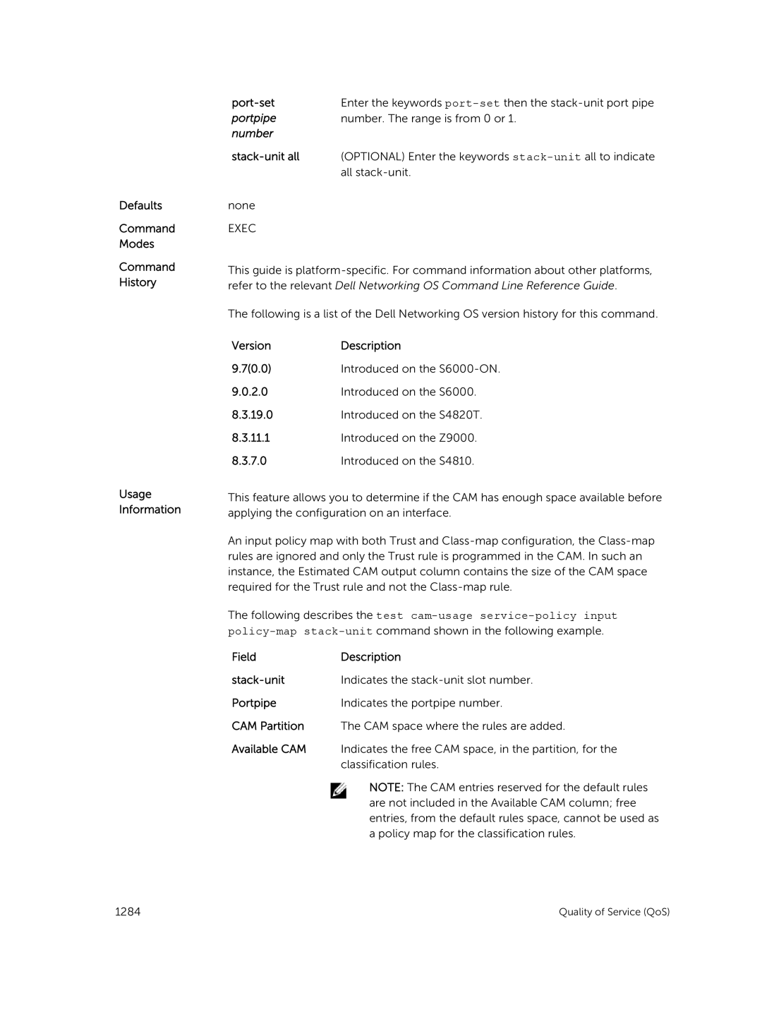 Dell 9.7(0.0) manual Portpipe, Following describes the test cam-usage service-policy input, Field Description Stack-unit 