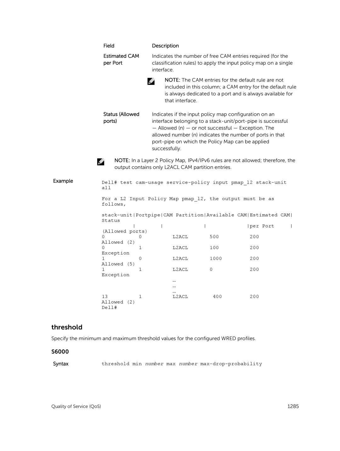 Dell 9.7(0.0) manual Threshold, Field Description Estimated CAM, Status Allowed, L2ACL 