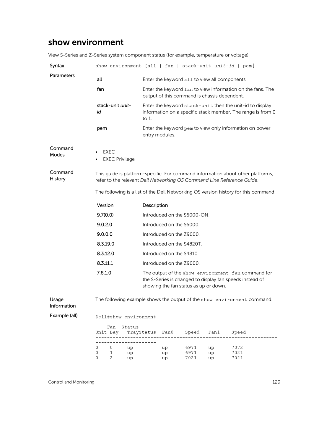 Dell 9.7(0.0) manual Show environment, Fan, Stack-unit unit, Pem, Usage Information Example all VersionDescription 70.0 