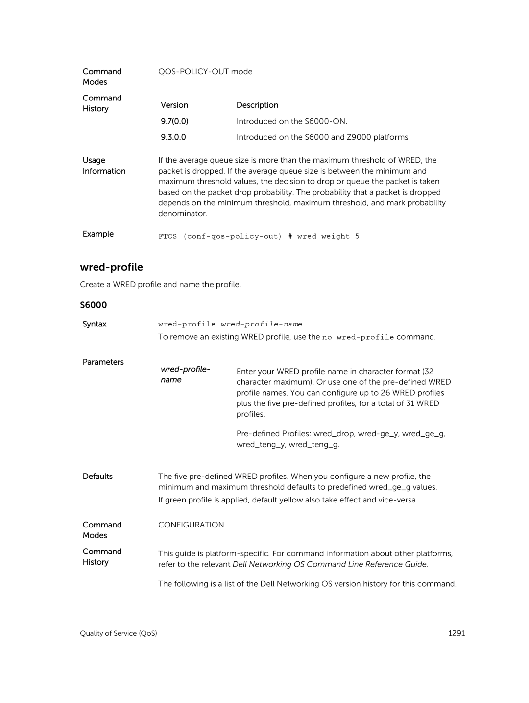 Dell 9.7(0.0) manual Wred-profile, Ftos conf-qos-policy-out # wred weight 