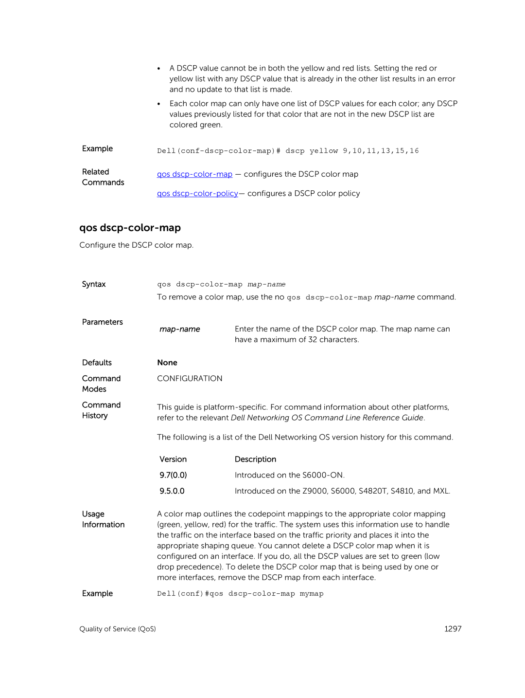 Dell 9.7(0.0) manual Dellconf-dscp-color-map# dscp yellow 9,10,11,13,15,16, Qos dscp-color-map map-name 