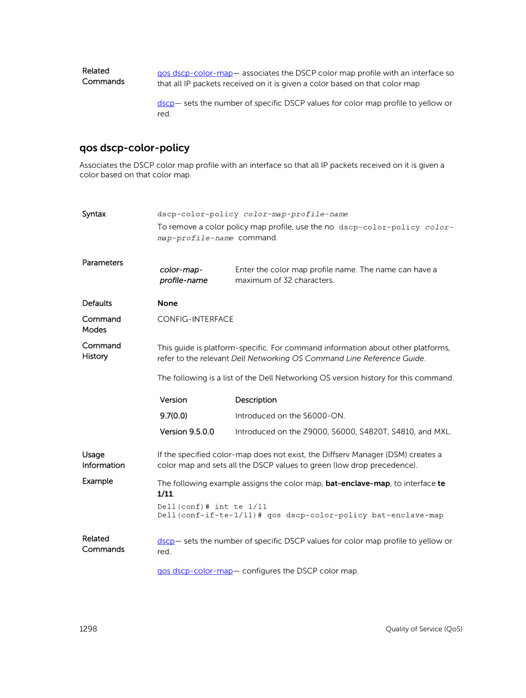 Dell 9.7(0.0) manual Qos dscp-color-policy, Dscp-color-policycolor-map-profile-name 