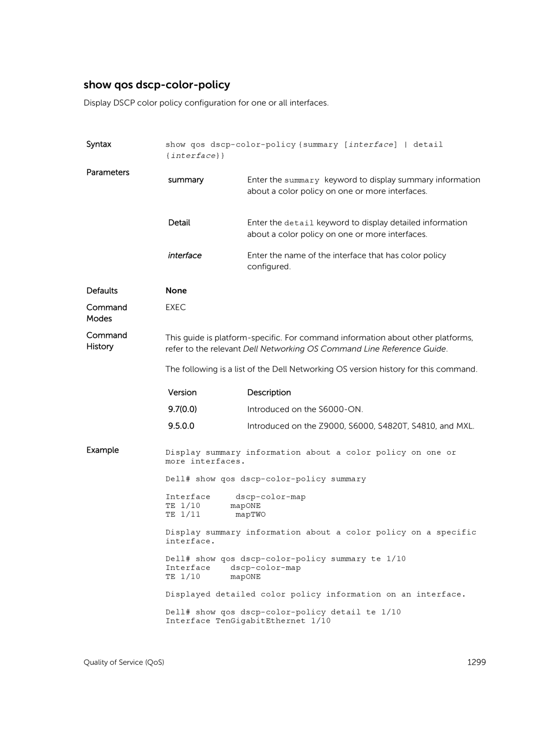 Dell 9.7(0.0) manual Show qos dscp-color-policy summary interface detail 