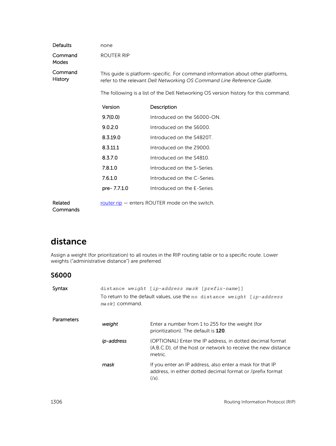 Dell 9.7(0.0) manual Syntaxdistance weight ip-address mask prefix-name 