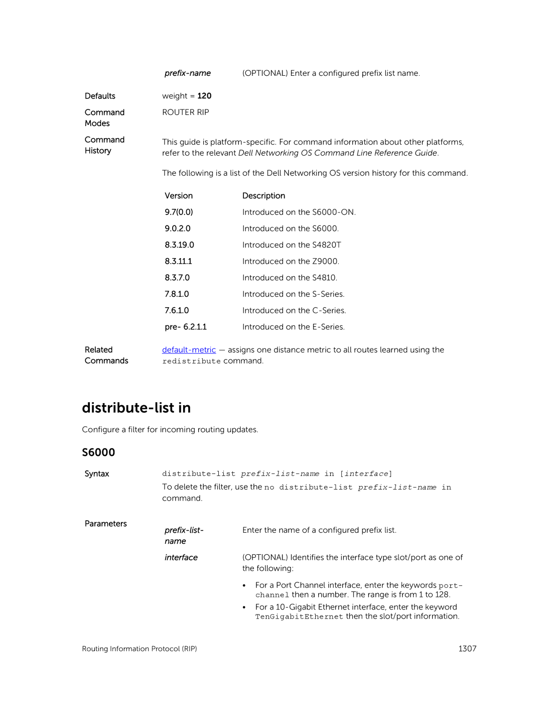 Dell 9.7(0.0) manual Distribute-list, Prefix-name Optional Enter a configured prefix list name 