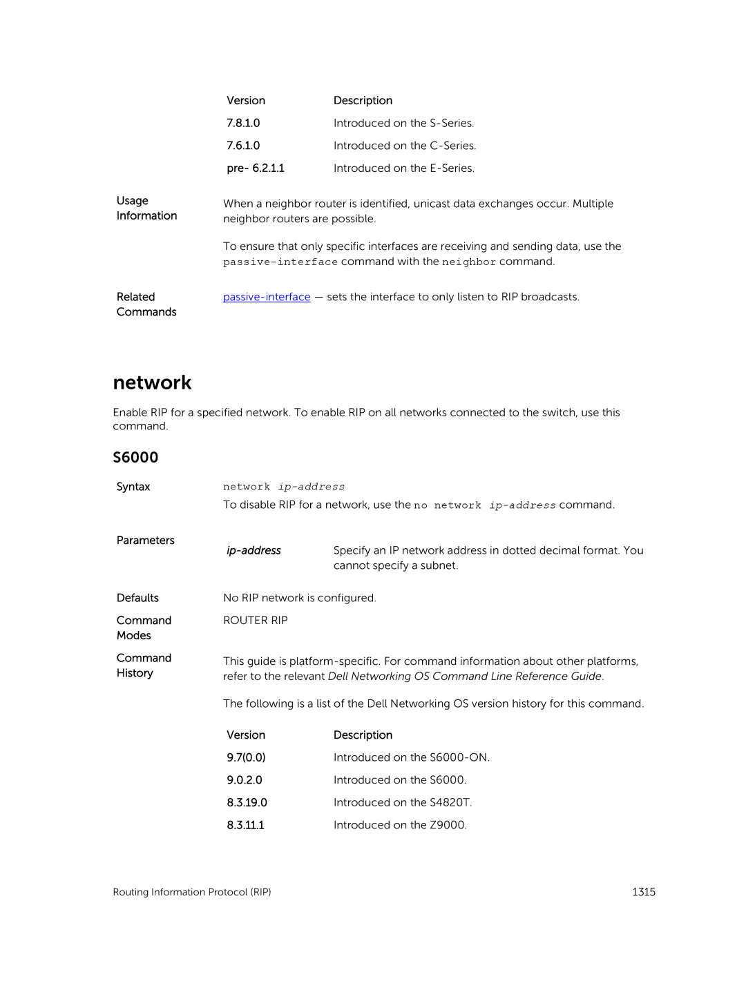 Dell 9.7(0.0) manual Network, Usage Information Related Commands VersionDescription 