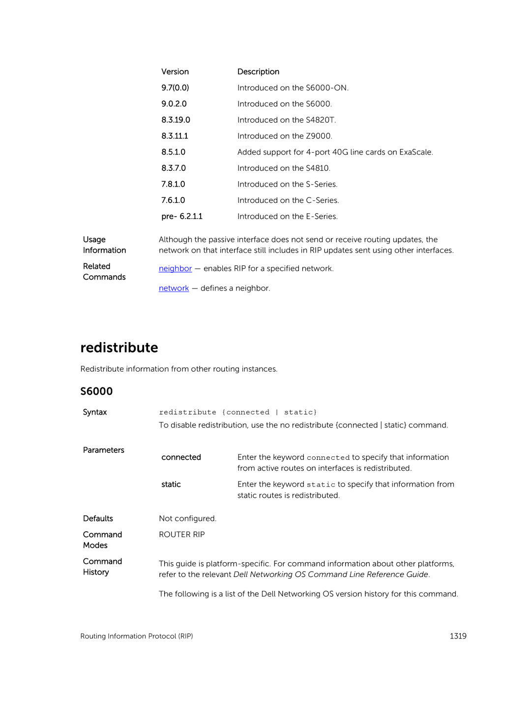 Dell 9.7(0.0) manual Usage Information Related Commands VersionDescription 70.0, Redistribute connected static 