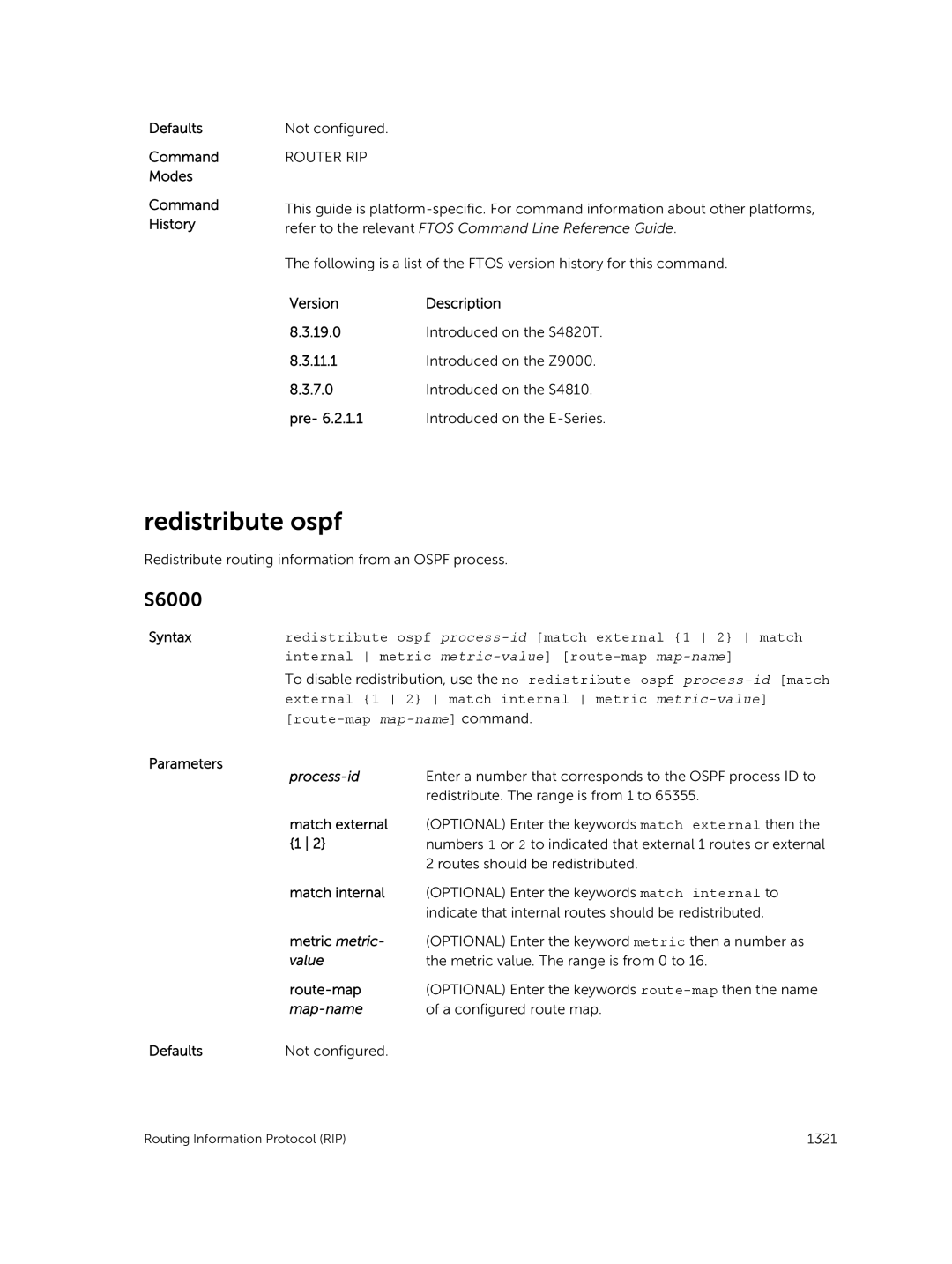 Dell 9.7(0.0) manual Redistribute ospf process-id match external 1 2 match, Internal metric metric-value route-map map-name 