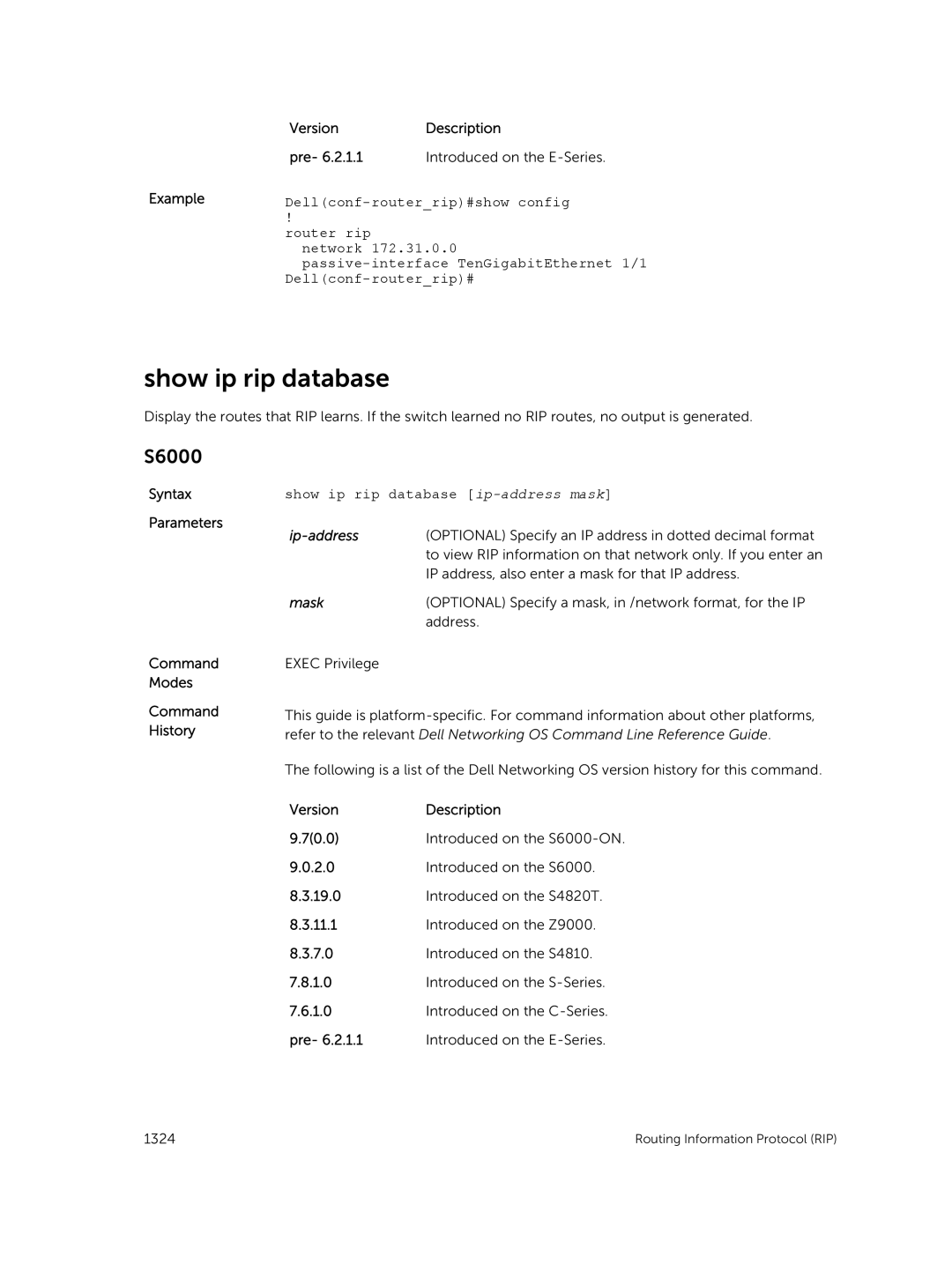 Dell 9.7(0.0) manual Dellconf-routerrip#show config, Show ip rip database ip-address mask 