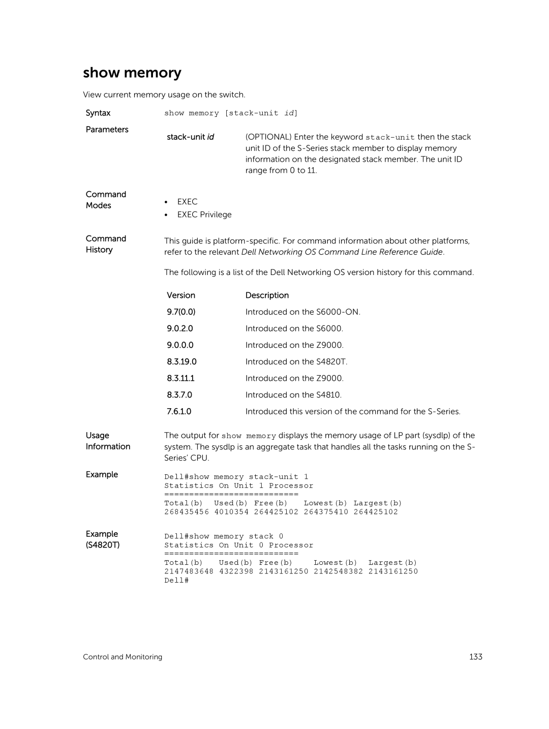 Dell 9.7(0.0) manual Show memory stack-unit id, Parameters Stack-unit id 