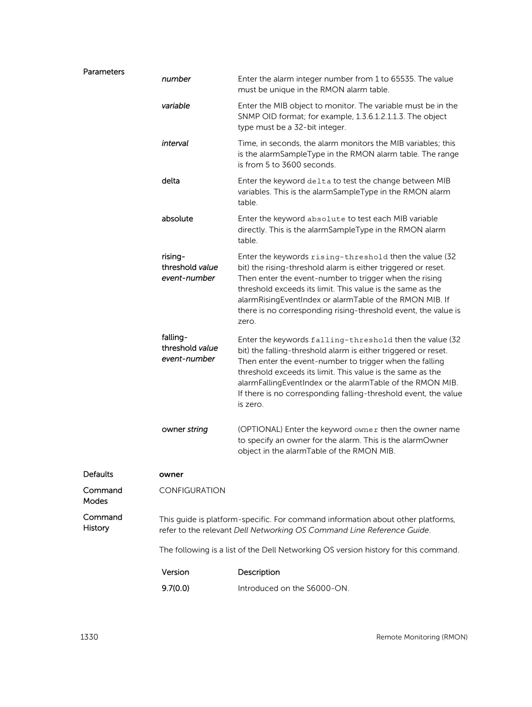 Dell 9.7(0.0) manual Number Variable Interval, Delta Absolute, Defaults Command Modes Command History Owner string 