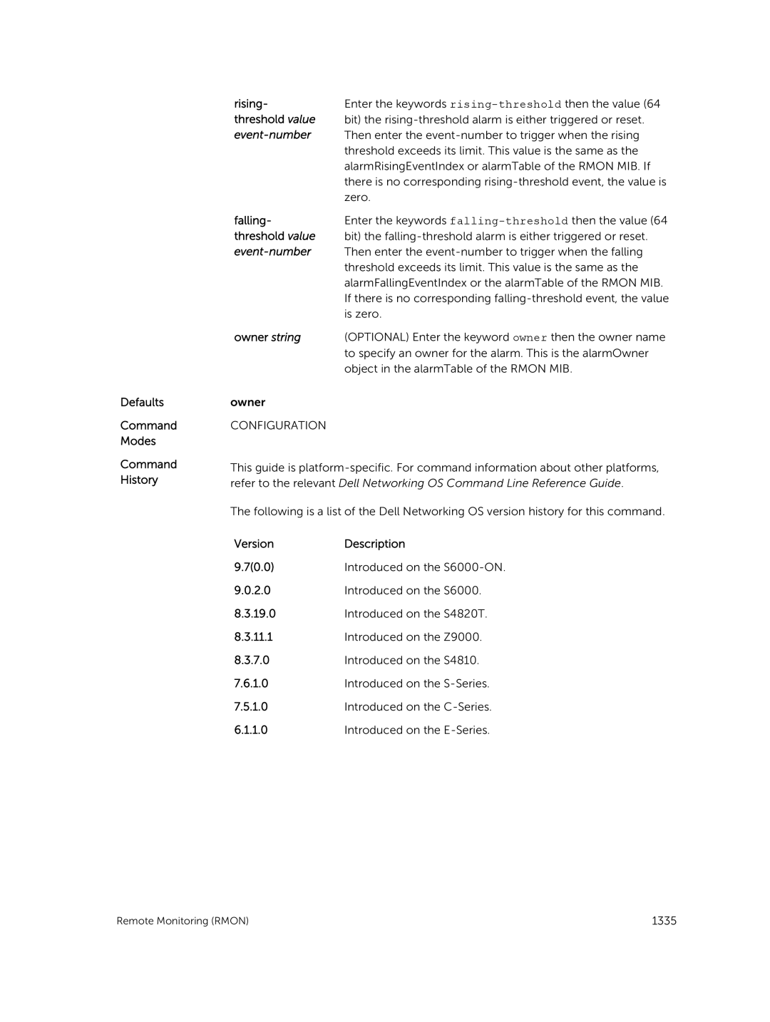 Dell 9.7(0.0) manual Defaults Command Modes Command History Rising, Threshold value, Event-number, Falling 