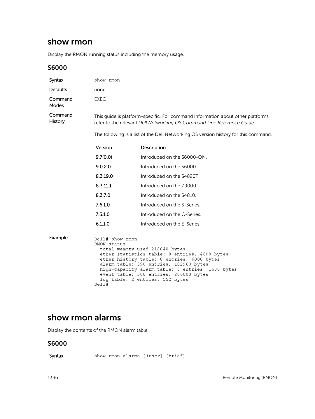 Dell 9.7(0.0) manual Show rmon alarms index brief 