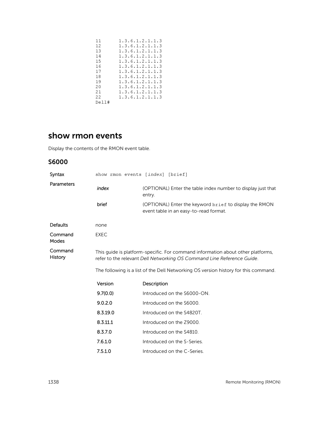 Dell 9.7(0.0) manual Show rmon events index brief 