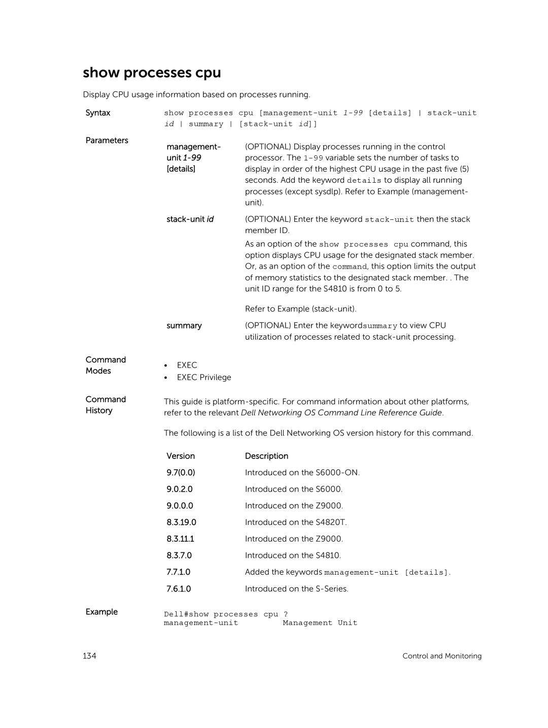 Dell 9.7(0.0) manual Show processes cpu, Unit, Details, Summary 