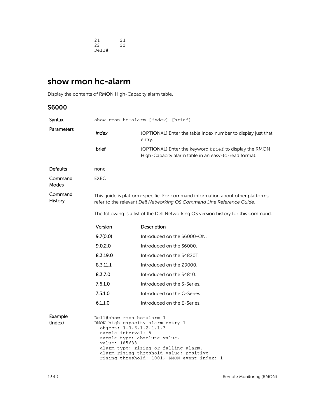 Dell 9.7(0.0) manual Show rmon hc-alarm index brief, Example Index VersionDescription 70.0 