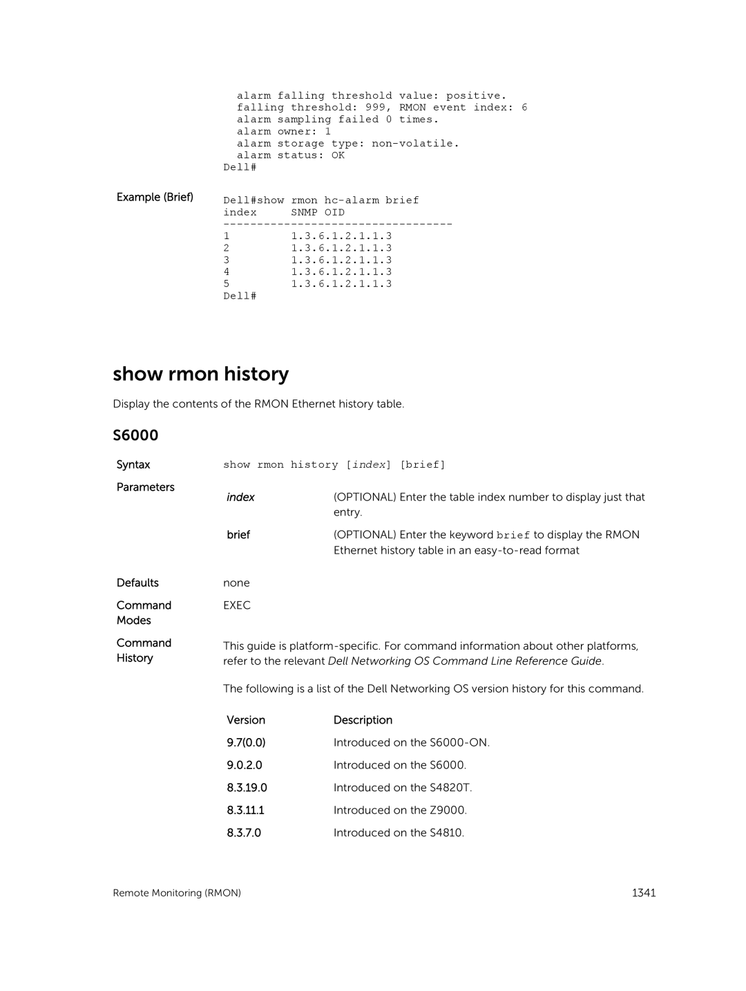 Dell 9.7(0.0) manual Dell#show rmon hc-alarm brief, Snmp OID, 6.1.2.1.1.3, Show rmon history index brief 