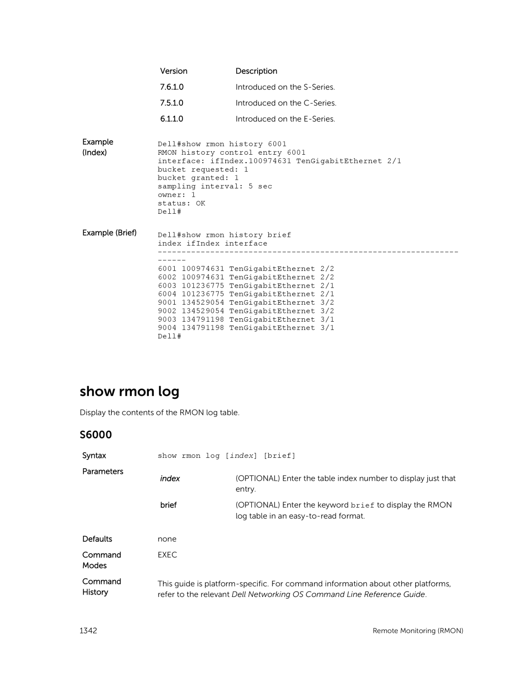 Dell 9.7(0.0) manual Example Index Example Brief VersionDescription, Show rmon log index brief 